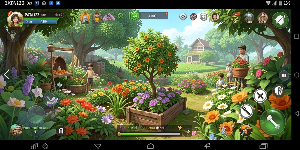 Screenshot gameplay BATA123 menunjukkan kebun hijau dan berbagai tanaman.