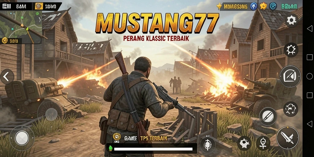 Screenshot gameplay MUSTANG77 menampilkan pertempuran seru di medan perang TPS.